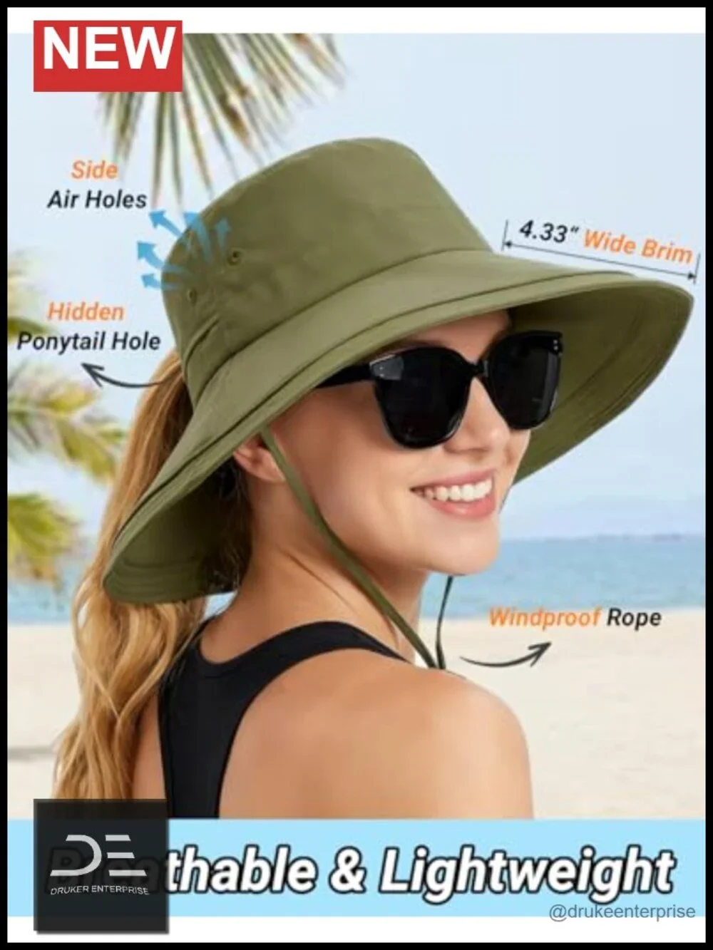 Women Sun Hat with Ponytail Hole Wide Brim UPF 50+ Water-Resistant Quick-Dry